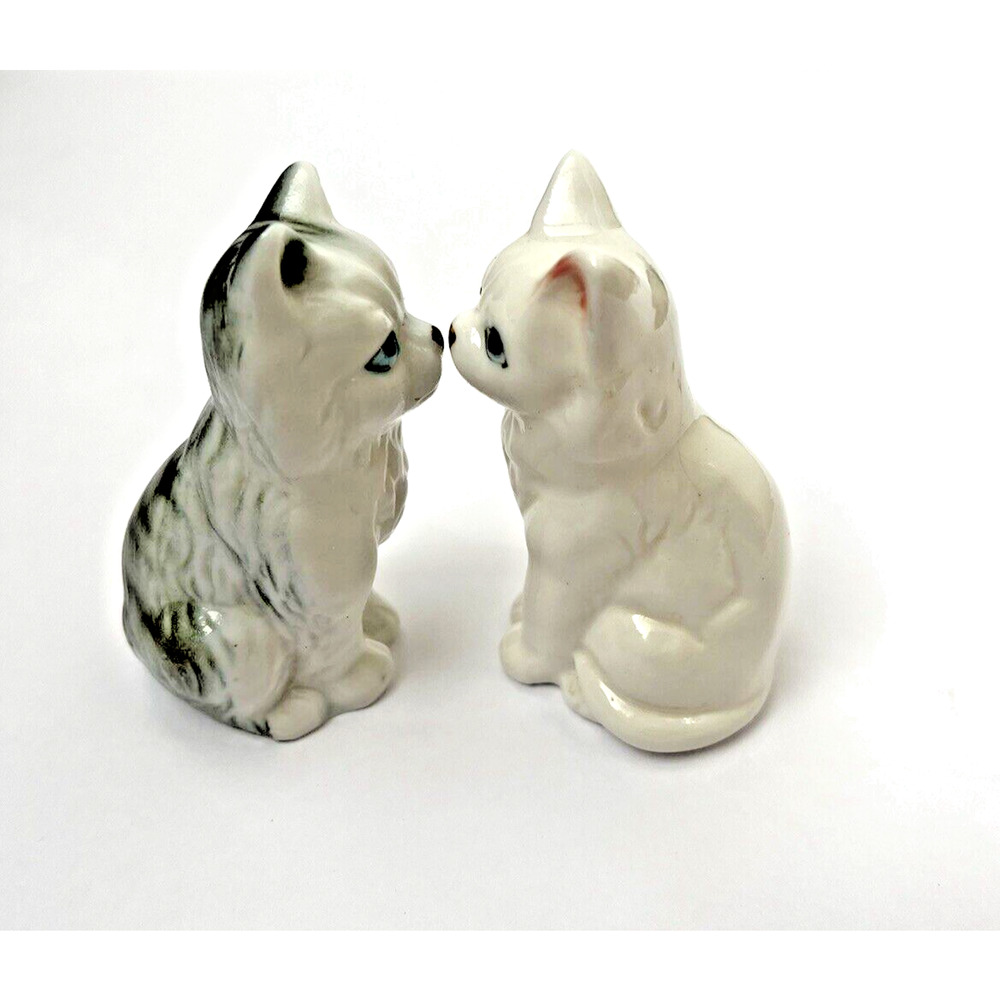 Vintage Bone China Miniature Standing Cats Pair of 2 Taiwan 1 White 1 Gray Tabby
